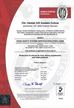 Сертификат соответствия FSSC 22000 закваски Дания