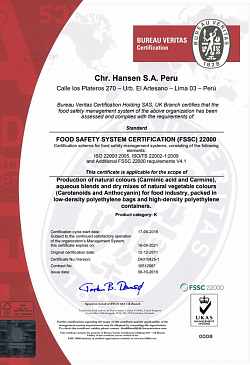 Сертификат соответствия FSSC 22000 красители Перу